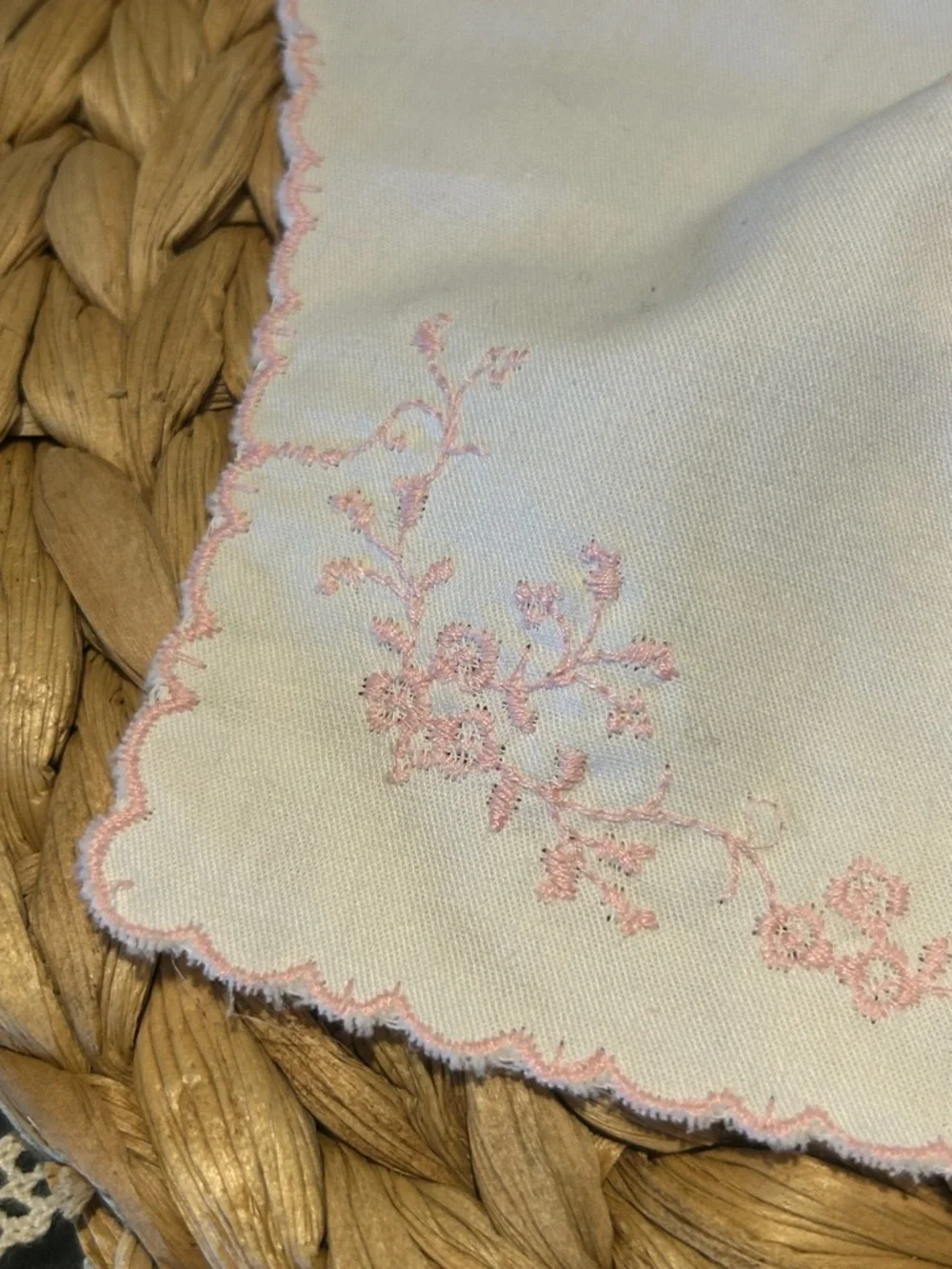 Vintage Handmade White Baby Bib with Pink Embroidery